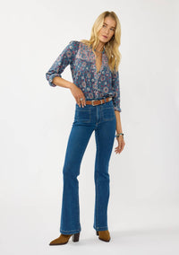 Long Sleeve Floral Blouse with Pleats & Quilted Yoke