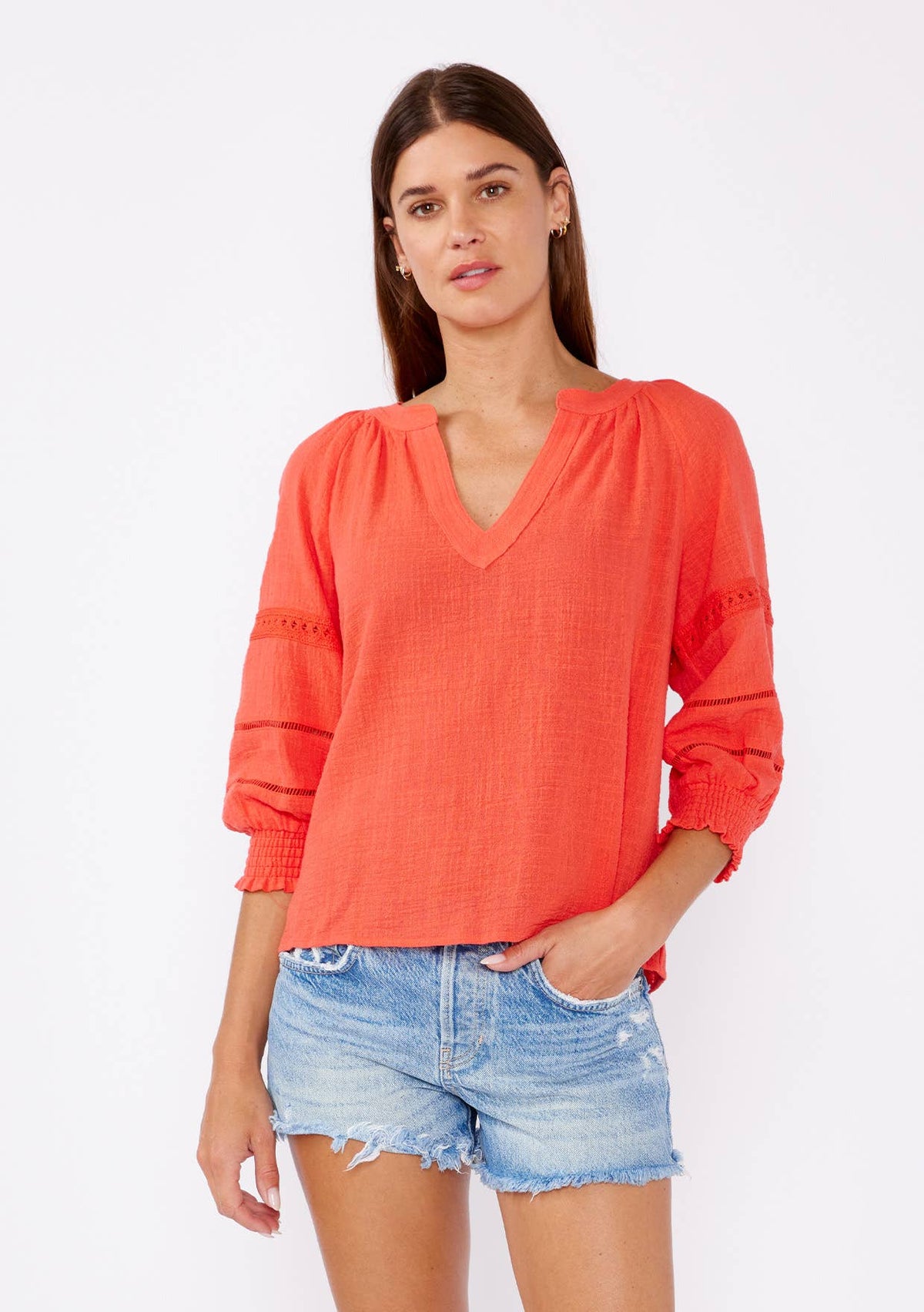 Smocked 3/4 Sleeve Lace Trim Blouse