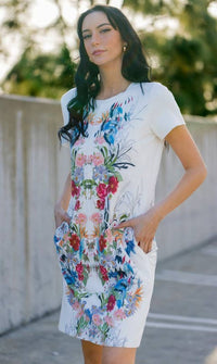 Short Sleeve Suede Dress Floral Print -Spring Bloom