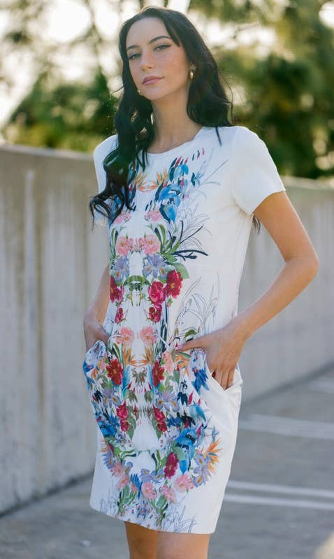 Short Sleeve Suede Dress Floral Print -Spring Bloom