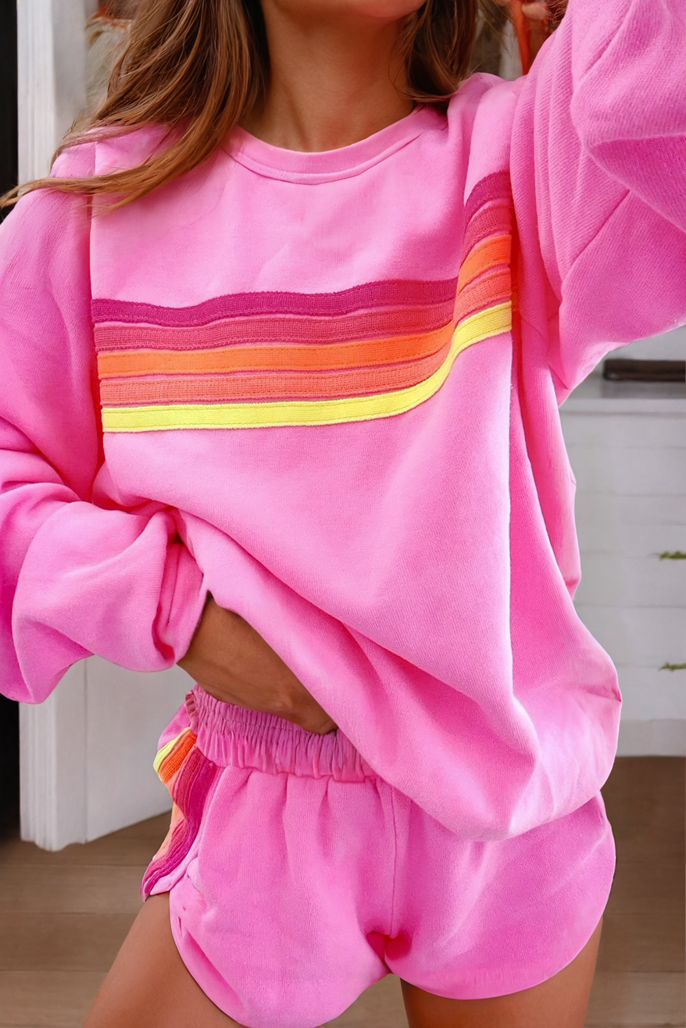 LDC Color Contrast Trim Long Sleeve Top and Shorts Set